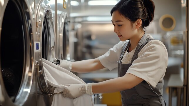 A focused woman efficiently handling laundry in a modern laundromat, showcasing cleanliness and professionalism in her work.