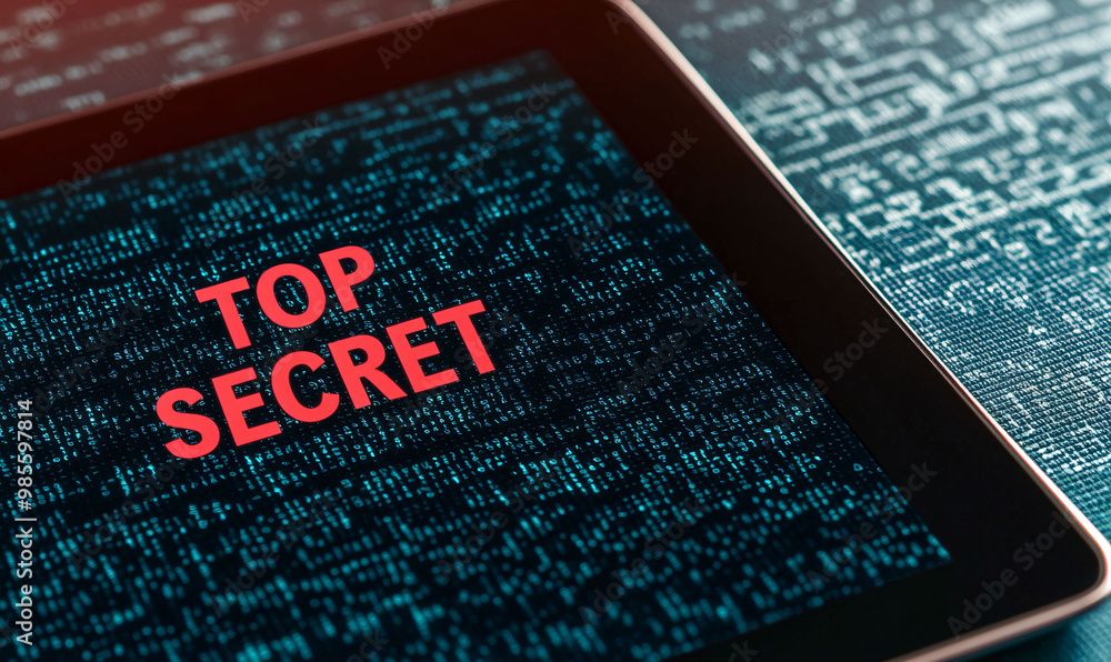 Aufkleber top secret file displayed on tablet, emphasizing digital security and confidentiality. vibrant red t
