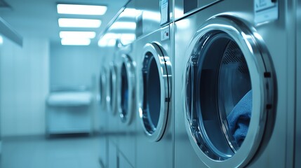 A modern laundry room with rows of washing machines, showcasing clean and efficient spaces designed for laundry tasks.