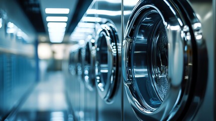 Fototapeta premium A modern laundry room featuring sleek washing machines, creating a clean and efficient space for washing clothes.
