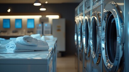 Modern laundry room with clean towels stacked on a machine, showcasing the latest washing technology in a stylish setting.