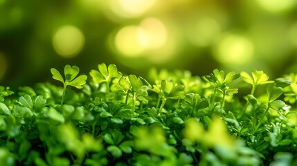 Fresh green clovers on a sunny background
