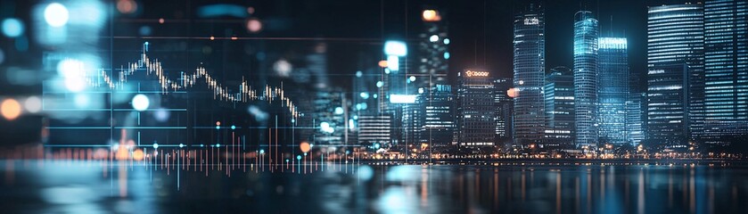 Obraz premium Digital display showing falling interest rates with a cityscape in the background, economic outlook
