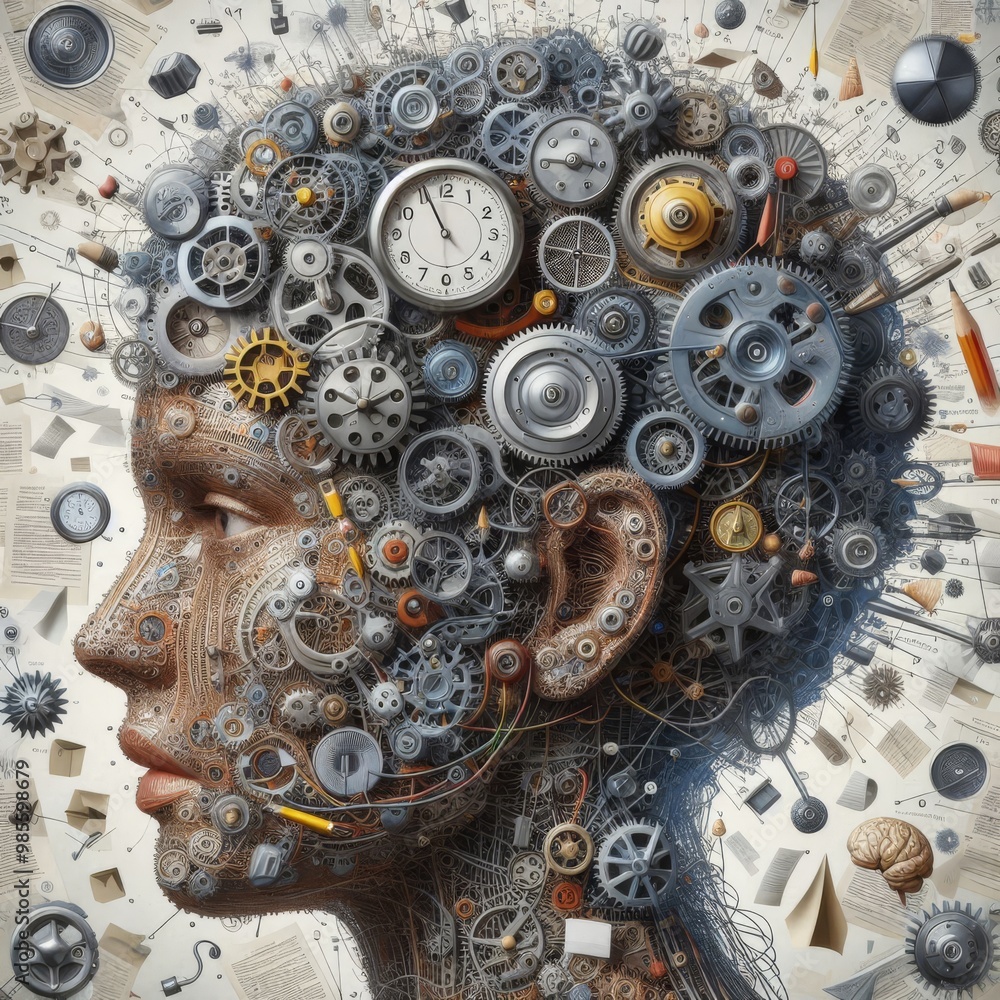 Poster a cybernetic human head intricately connected with gears and clock elements, representing the conver