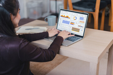Businesswoman working on financial analytics with graphs and charts on laptop at home office.