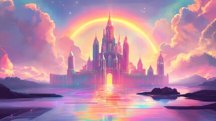 Fototapeta premium A radiant pastel castle basking in sunlight, with a softly glowing rainbow above, surrounded by a vibrant futuristic background, vector art