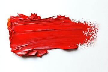 A vibrant red paint smear on a white background, showcasing texture and color.