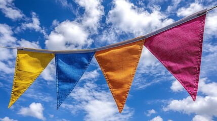 A vibrant string of colorful pennants hangs against a backdrop of fluffy white clouds, creating a joyous and celebratory atmosphere