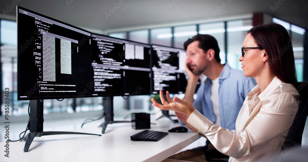 Aufkleber Unhappy Sad Developer Programmers In Stress Coding Software