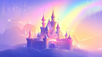 Fototapeta premium Beautiful pastel castle illuminated by the sun, with a soft rainbow glowing in the sky, set against a dynamic futuristic background, vector art