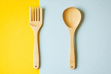Wooden Fork and Spoon on Yellow and Blue Background