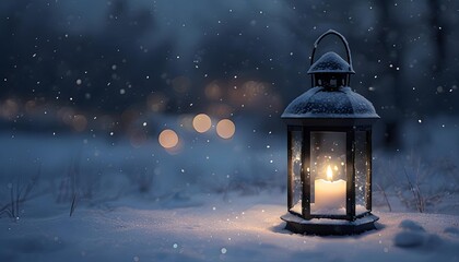 Snowy lantern glowing warmly against a wintery night background, Christmas card symbol