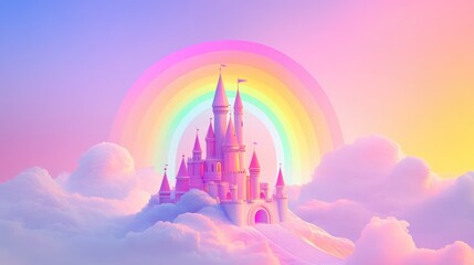 Obraz premium Elegant pastel castle under the sun, with a softly glowing rainbow arching above, set against a dynamic futuristic sky of vibrant colors, vector art