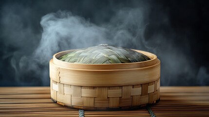 Steaming Bamboo Steamer with Woven Lid on a Wooden Mat