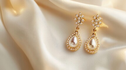 Beige fabric, elegant earrings, soft light, highlighting the sparkle of the gems, making the intricate design and luxurious luster stand out, creating a refined and elegant presentation.