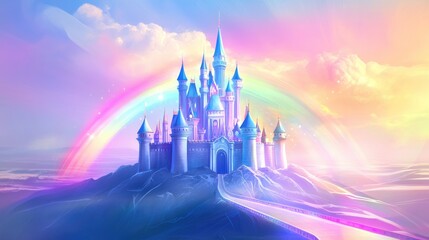 Obraz premium A pastel beautiful castle glowing softly under the sunshine, with a radiant rainbow arching over it, set against a dynamic futuristic background, vector art