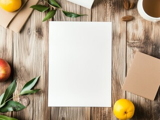A blank sheet of paper sits on a rustic wooden desk surrounded by an apple, lemon, coffee cup, and leaves, creating a simple, nature-inspired workspace for creativity.