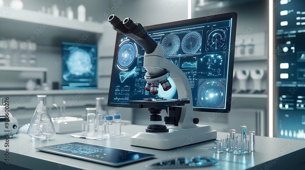 Poster modern laboratory microscope with digital interface