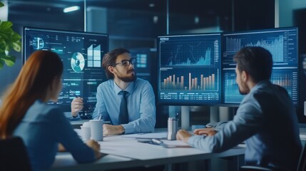 business people working in office, looking to different charts with growing revenue in the future