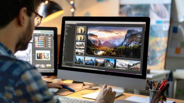 Graphic designer editing landscape photos on a desktop computer in a modern office, showcasing photography work and creativity.