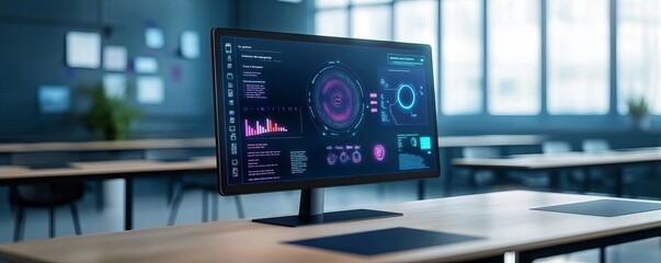 Virtual Classroom setup featuring a large digital screen with interactive lessons in progress