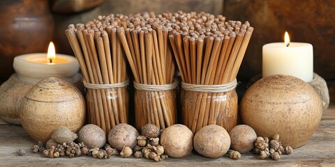 Aromatic wooden sticks with rustic brown orbs and flickering candles on a natural wood surface