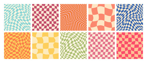 Groovy checkered pattern, colorful distorted tiled grid. Vintage wavy curved backdrop, distortion effect. Funky geometric chessboard texture, retro background in 90s style, y2k. Vector illustration