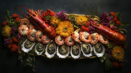 Naklejka premium Delicious seafood platter with oysters, prawns, crayfish, and vibrant flowers.