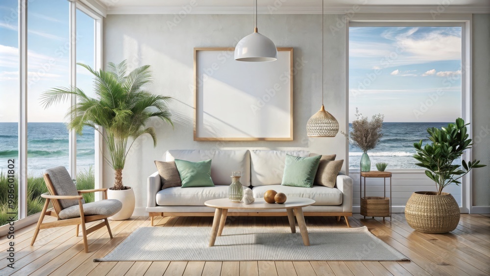 Aufkleber rendering of a mockup coastal scandinavian interior with a frame