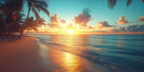 Golden Hour Sunset Over a Pristine Tropical Beach