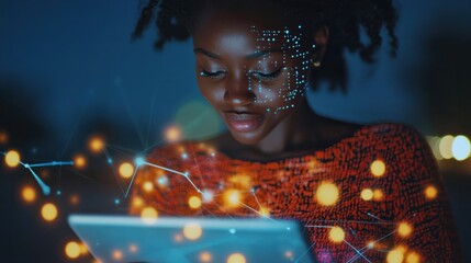 Digital online marketing commerce sale concept. African woman using tablet payments online shopping and icon customer network connection on hologram virtual screen