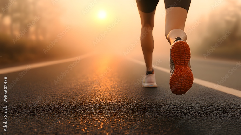 Wall mural close-up of a runner's legs running on the road in the morning with a misty background,