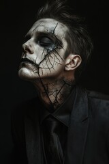 Portrait of a Caucasian man with cracked porcelain doll makeup, wearing a black vintage suit, copy space in the middle, in a black background, Halloween theme, eerie and unsettling, shadowy lighting