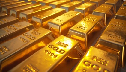 A stack of shiny gold bars neatly arranged, symbolizing wealth, investment, and financial security
