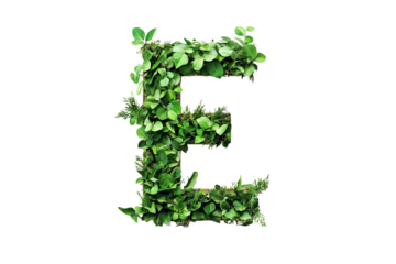 Letter E with Lush Tropical Leaves and Botanical Typography, Nature-Inspired Alphabet Design on Transparent Background, Perfect for Eco-Friendly and Tropical Themes