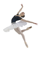 young ballerina in a white tutu on a white background jumps bent over. Beautiful ballerina, isolated on transparent background, png