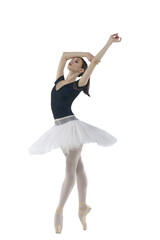 young ballerina in a white tutu posing on a white background in a photo studio stands taking a step, isolated on transparent background, png © Alex
