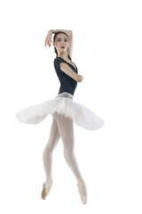 young ballerina in a white tutu posing on a white background in a photo studio stands taking a...