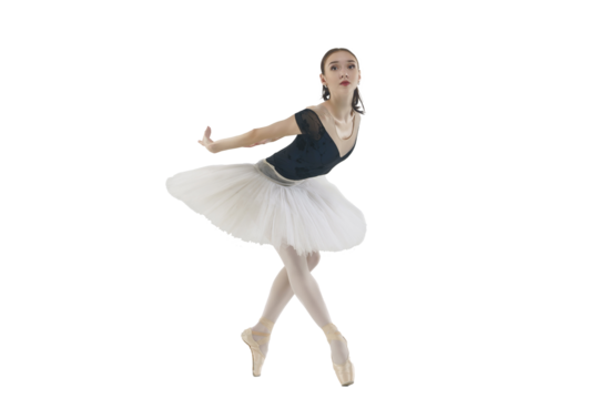 young ballerina in a white tutu posing on a white background in a photo studio stands taking a step, isolated on transparent background, png