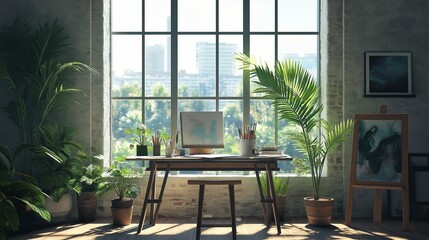 Obraz premium interior of a house with a window, Painter's studio, interior space design, artistic space, atelier