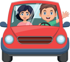 cartoon young man and young girl driving a car and waving