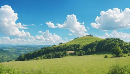 A green hilltop with a forest on its slope, a field of grass at its base, and a view of rolling hills in the distance under a blue sky with white clouds.