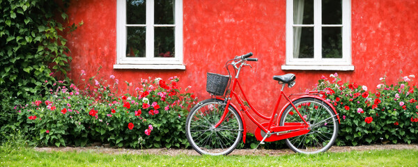 A bright red bicycle rests by a quaint cottage adorned with blooming flowers, capturing the essence of springtime in a serene countryside setting.