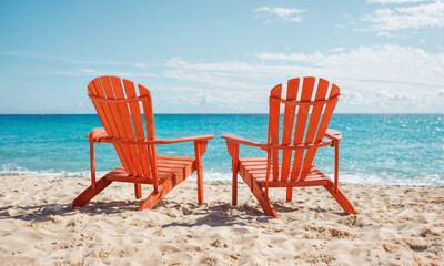 Colorful chairs sit on the sandy shore, overlooking gentle waves as the sun sets, casting warm hues across the sky and water.