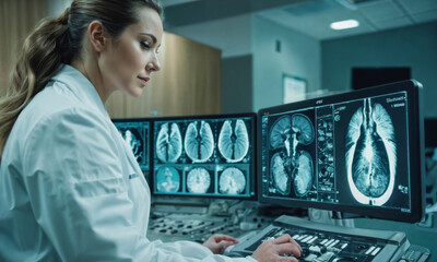 A radiologist examines detailed medical images on dual monitors in a contemporary clinical setting.