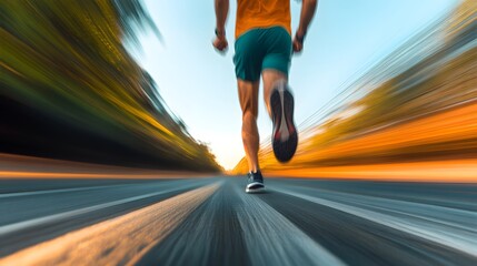 a runner on a country road, taken during the golden hour, motion blur to show speed, 