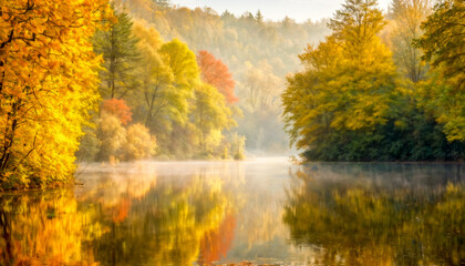 Golden leaves adorn the trees lining a calm lake, creating a mirror effect as the soft morning light melts away the lingering mist. The tranquil waters reflect the rich hues of autumn