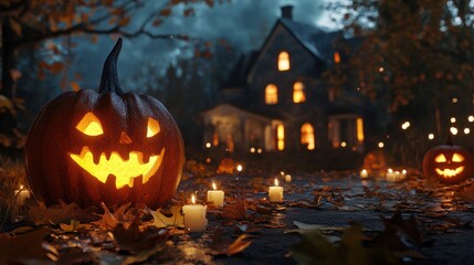 Obraz premium Halloween scary pumpkin, candles and dry leaves on the background of the evening house. halloween background.