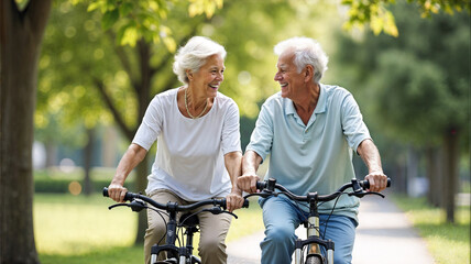 An elderly couple smiles joyfully at each other while riding bicycles through a tranquil park filled with lush greenery, basking in the warm autumn sunlight.