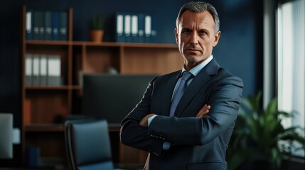 Fototapeta premium Happy middle aged business man ceo standing in office arms crossed. AI Generative